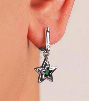Men's 925 sterling silver earrings green crystal five-pointed star silver ornaments silver earrings trendy hip-hop men and women INS