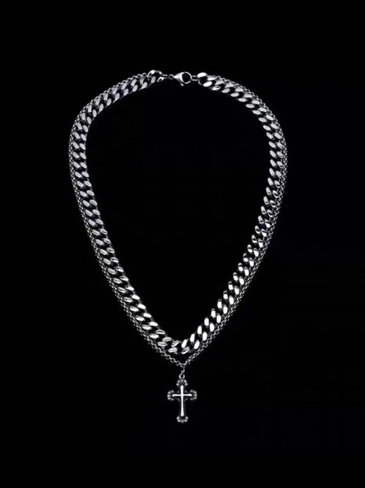 Pure silver double-layer cross Cuban necklace dark style trend hip-hop personality pendant