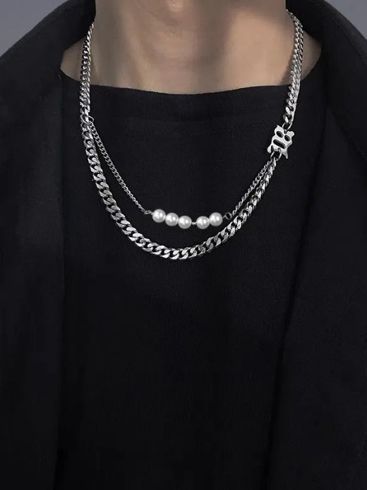 Pure silver double-layer pearl layered necklace hip-hop personalized design letter pendant