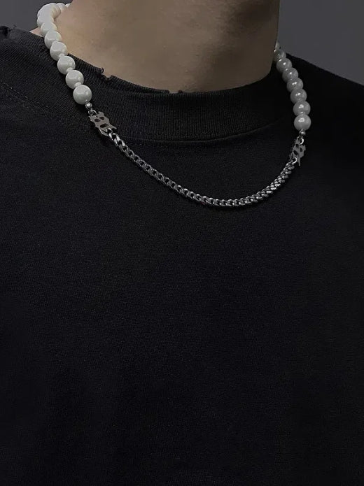 Pure silver letter splicing pearl necklace cool style collarbone chain versatile Baroque accessories