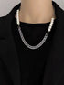 Pure silver patchwork Cuban chain necklace cool pearl hip-hop street personality accessory