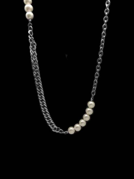 Pure silver patchwork Cuban chain necklace cool pearl hip-hop street personality accessory