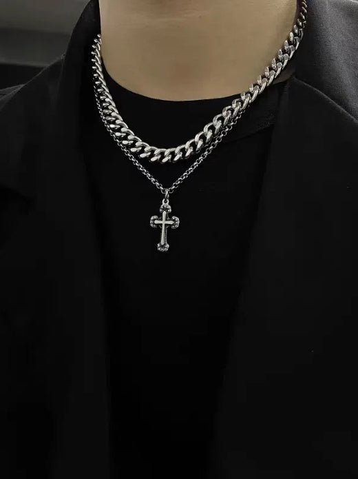 Pure silver double-layer cross Cuban necklace dark style trend hip-hop personality pendant