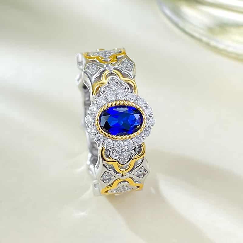 S925 silver French romantic 4*6mm simulated royal sapphire ring