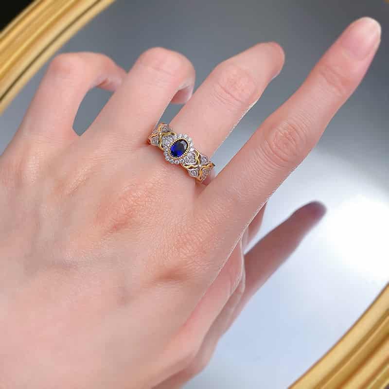 S925 silver French romantic 4*6mm simulated royal sapphire ring