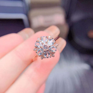 Fashion aquamarine silver flower ring