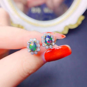 Cute natural black opal studs sterling silver earrings