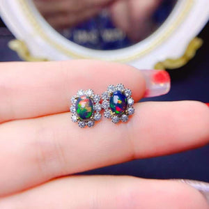 Cute natural black opal studs sterling silver earrings
