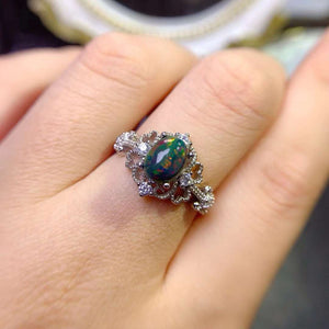 Natural black opal sterling silver adjustable ring