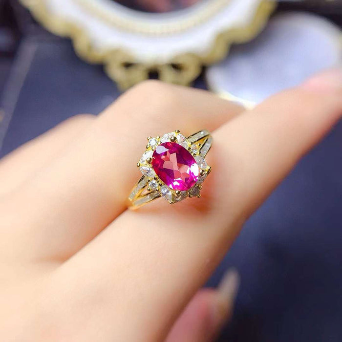 Real pink topaz oval cut diamond ring