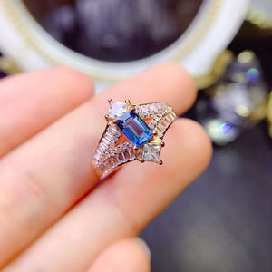 Genuine london blue topaz emerald cut ring