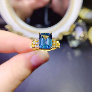 Genuine london blue topaz emerald cut diamond ring
