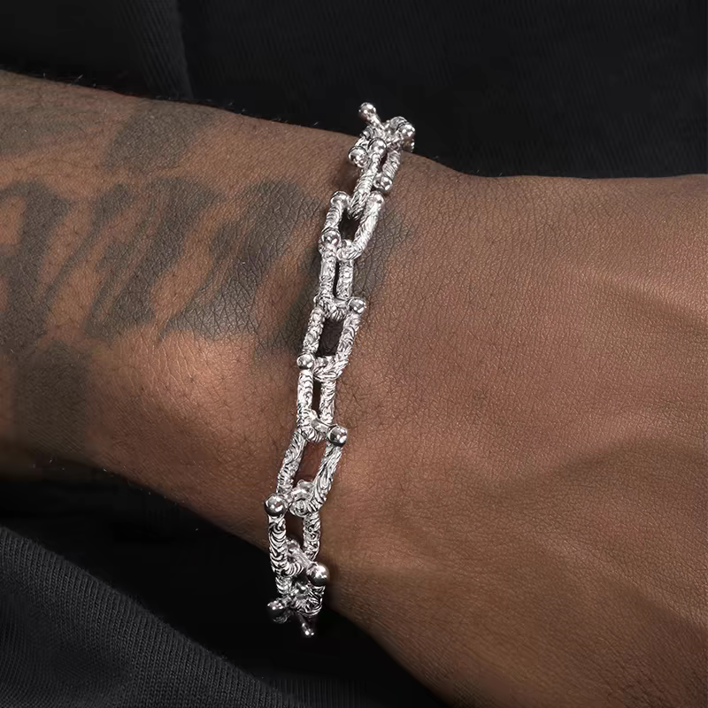 S925 sterling silver textured U-shaped bracelet men's hip-hop versatile plain chain bracelet adjustable