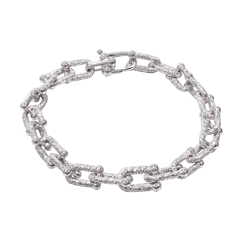 S925 sterling silver textured U-shaped bracelet men's hip-hop versatile plain chain bracelet adjustable