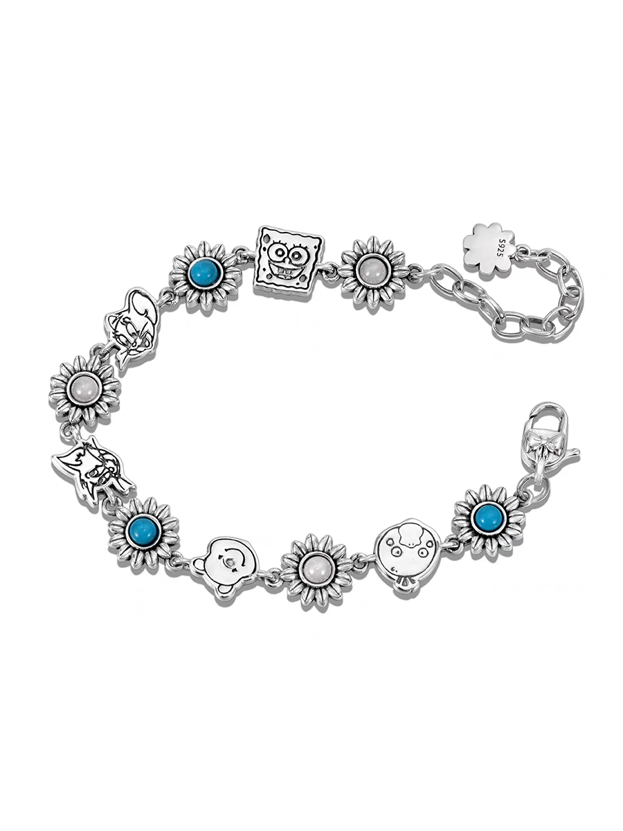 S925 sterling silver sunflower bracelet for men and women retro trend personality all-match cartoon character silver jewelry