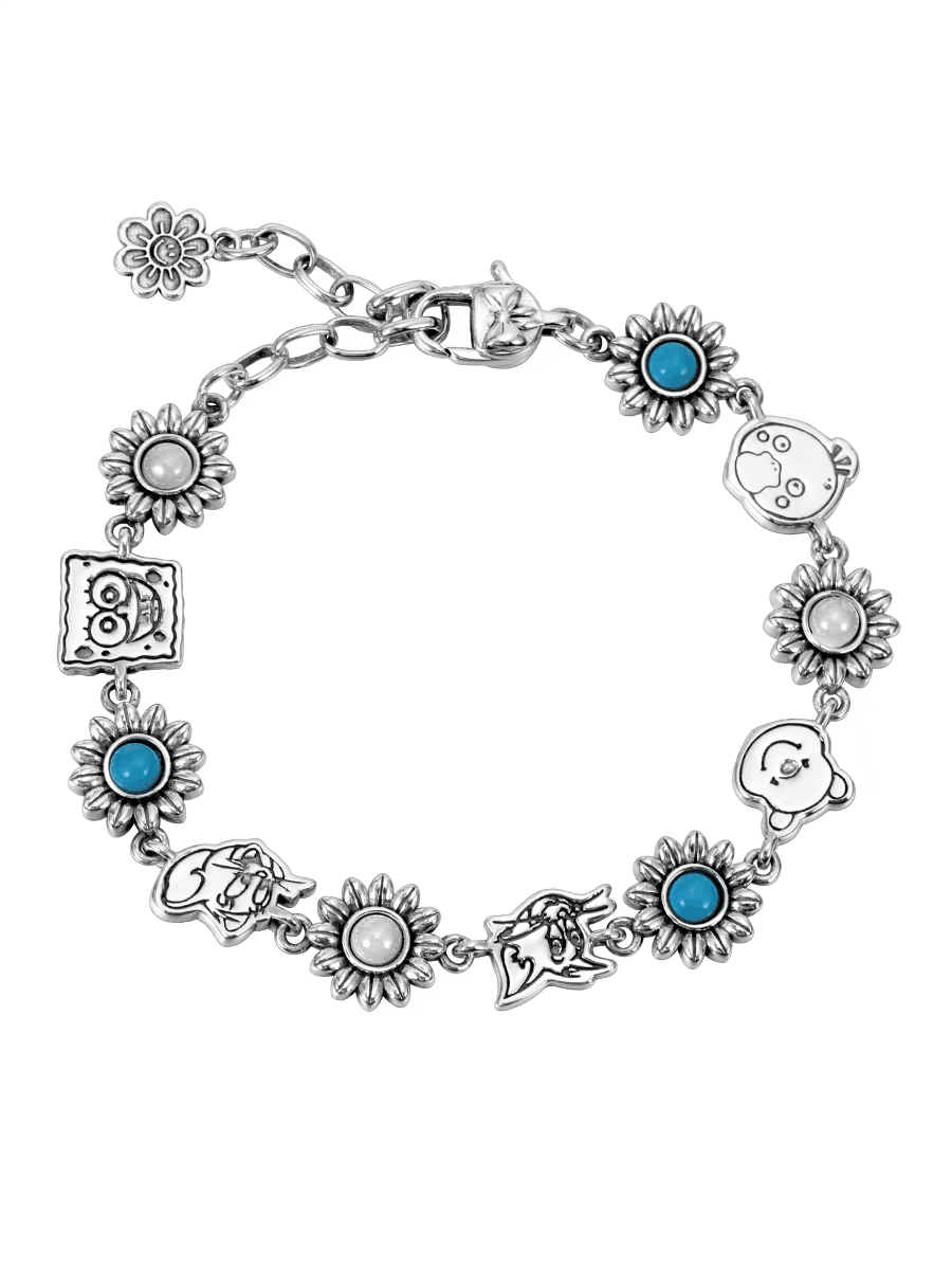 S925 sterling silver sunflower bracelet for men and women retro trend personality all-match cartoon character silver jewelry