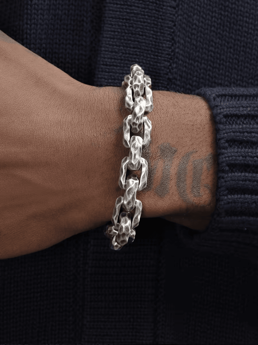 Silver titanium steel bracelet men's hip-hop personality domineering thick style meteorite crater high-end bracelet - MOWTE
