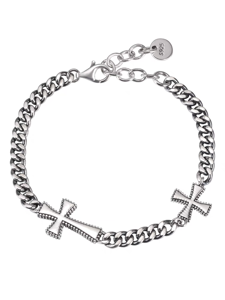 Sterling silver double cross Cuban chain bracelet for men and women