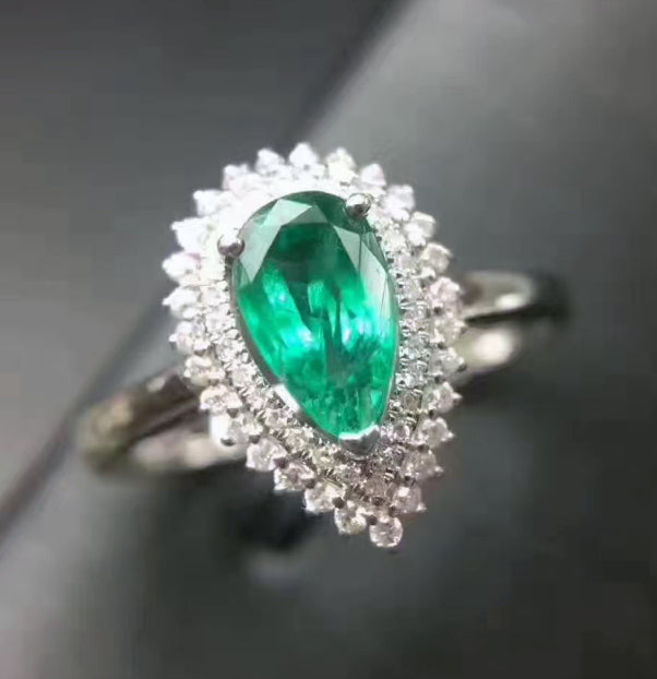 Natural silver pear cut emerald ring