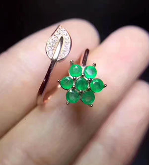 Natural silver emerald flower ring - MOWTE