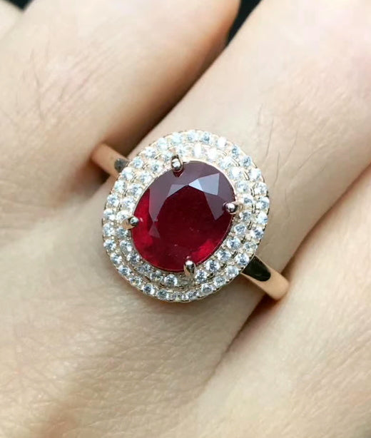 Ruby oval cut silver free size ring
