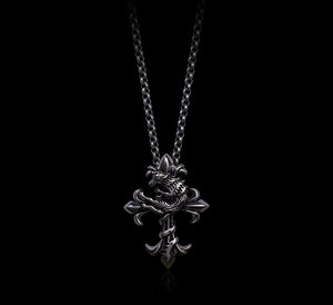 Men's elegant vintage sterling silver wolf cross pendant & necklace - MOWTE