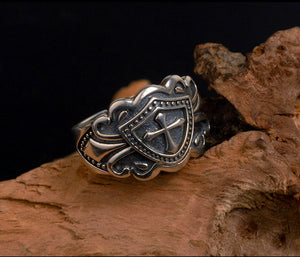 Men's unique cross shield sterling silver ring - MOWTE