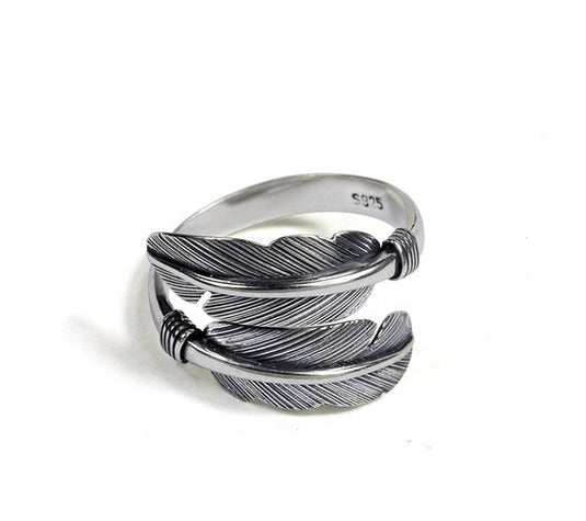 Men's fashion feather sterling silver ring