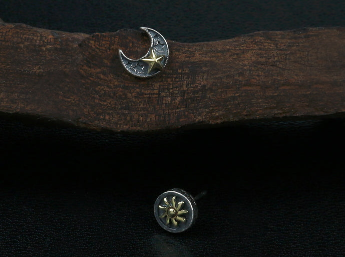 Men's fashion sun moon silver ear studs - MOWTE