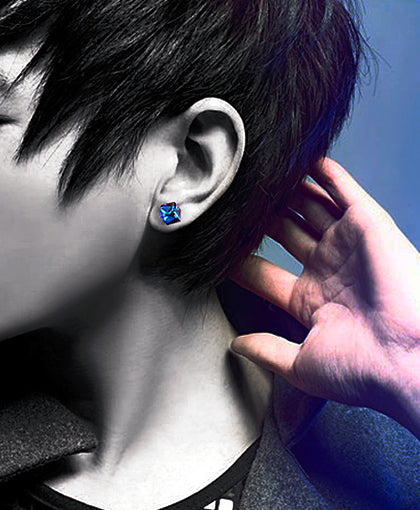 Men's fashion blue crystal silver ear studs - MOWTE