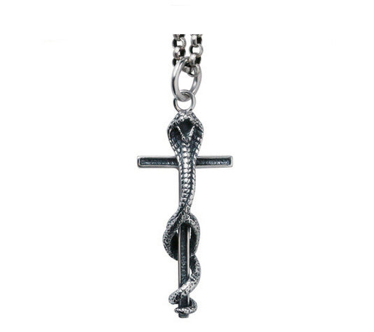 Men's vintage sterling silver cobra cross pendant & necklace - MOWTE