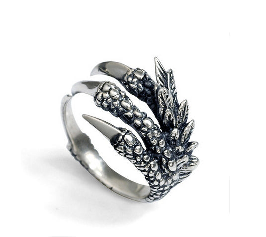 Men's vintage dragon claw silver ring