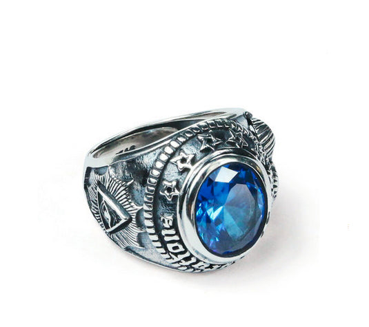 Men's fashion eye of omniscience  blue crystal silver ring - MOWTE