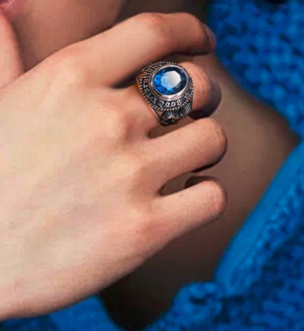 Men's fashion eye of omniscience  blue crystal silver ring - MOWTE