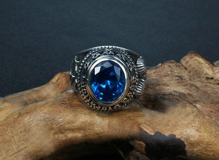 Men's fashion eye of omniscience  blue crystal silver ring - MOWTE