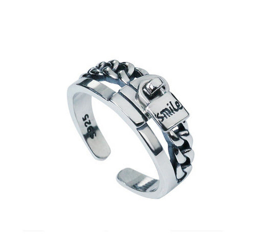 Men's fashion lock smile silver ring