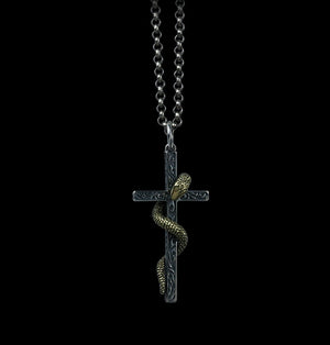 Men's vintage sterling silver snake cross pendant & necklace