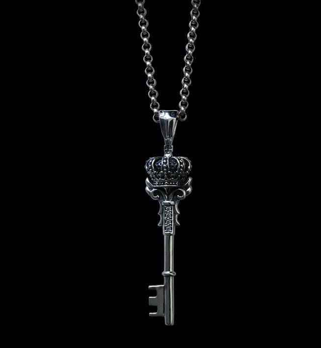 Men's fashion sterling silver crown key pendant & necklace