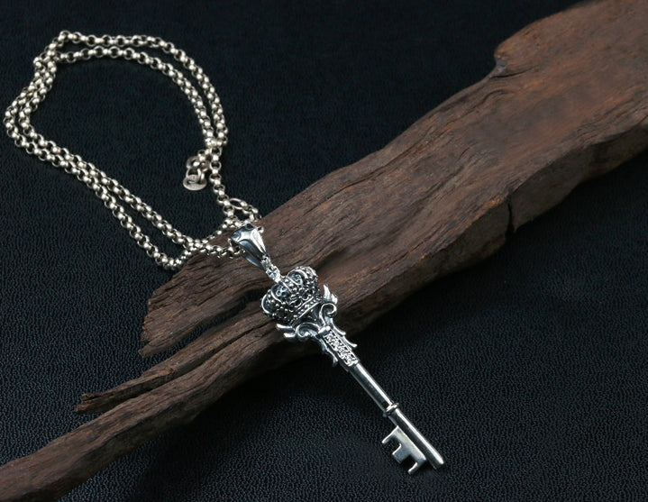 Men's fashion sterling silver crown key pendant & necklace