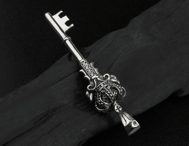 Men's fashion sterling silver crown key pendant & necklace