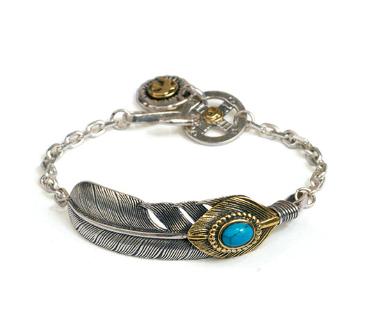 Men's fashion feather turquoise sterling silver bracelet