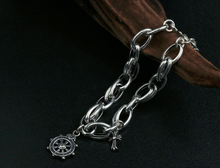 Men's fashion rudder cross sterling silver bracelet