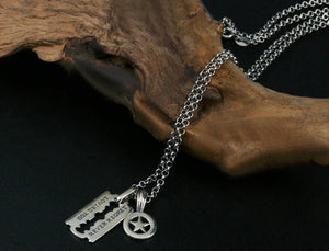 Men's fashion sterling silver blade star pendant & necklace