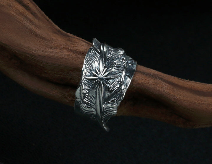 Men's vintage indian star feather sterling silver ring