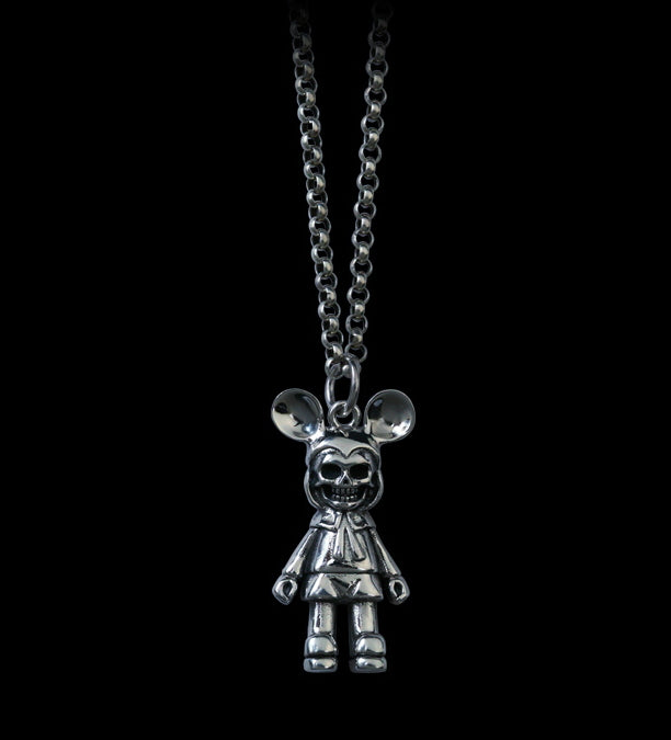 Men's hip hop sterling silver mickey skull pendant & necklace