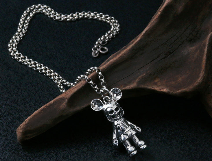 Men's hip hop sterling silver mickey skull pendant & necklace