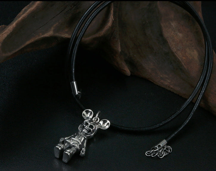 Men's hip hop sterling silver mickey skull pendant & necklace