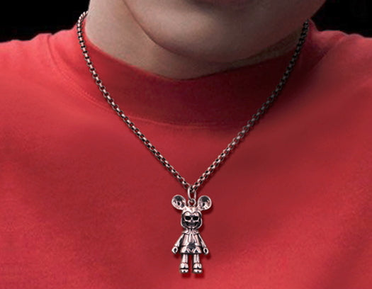 Men's hip hop sterling silver mickey skull pendant & necklace