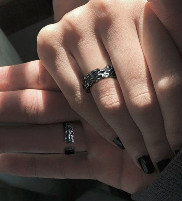 Vintage stone pattern couple sterling silver ring