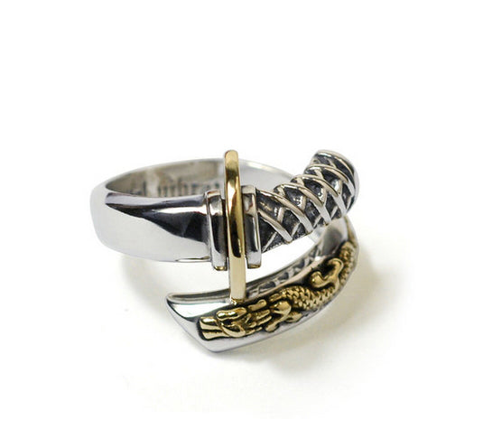 Men's unique dragon sword sterling silver ring